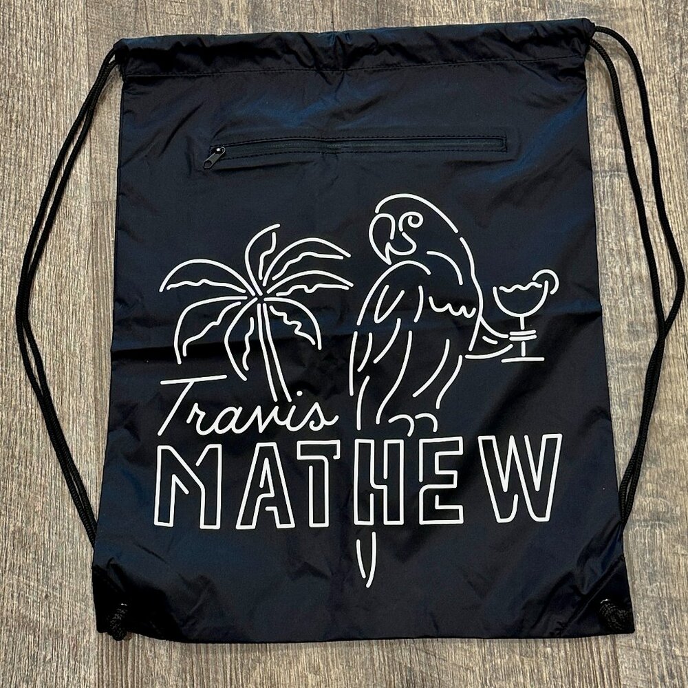 NWOT Travis Mathew Drawstring Bag Black Cinch Backpack with Zip Pocket 18" x 14"